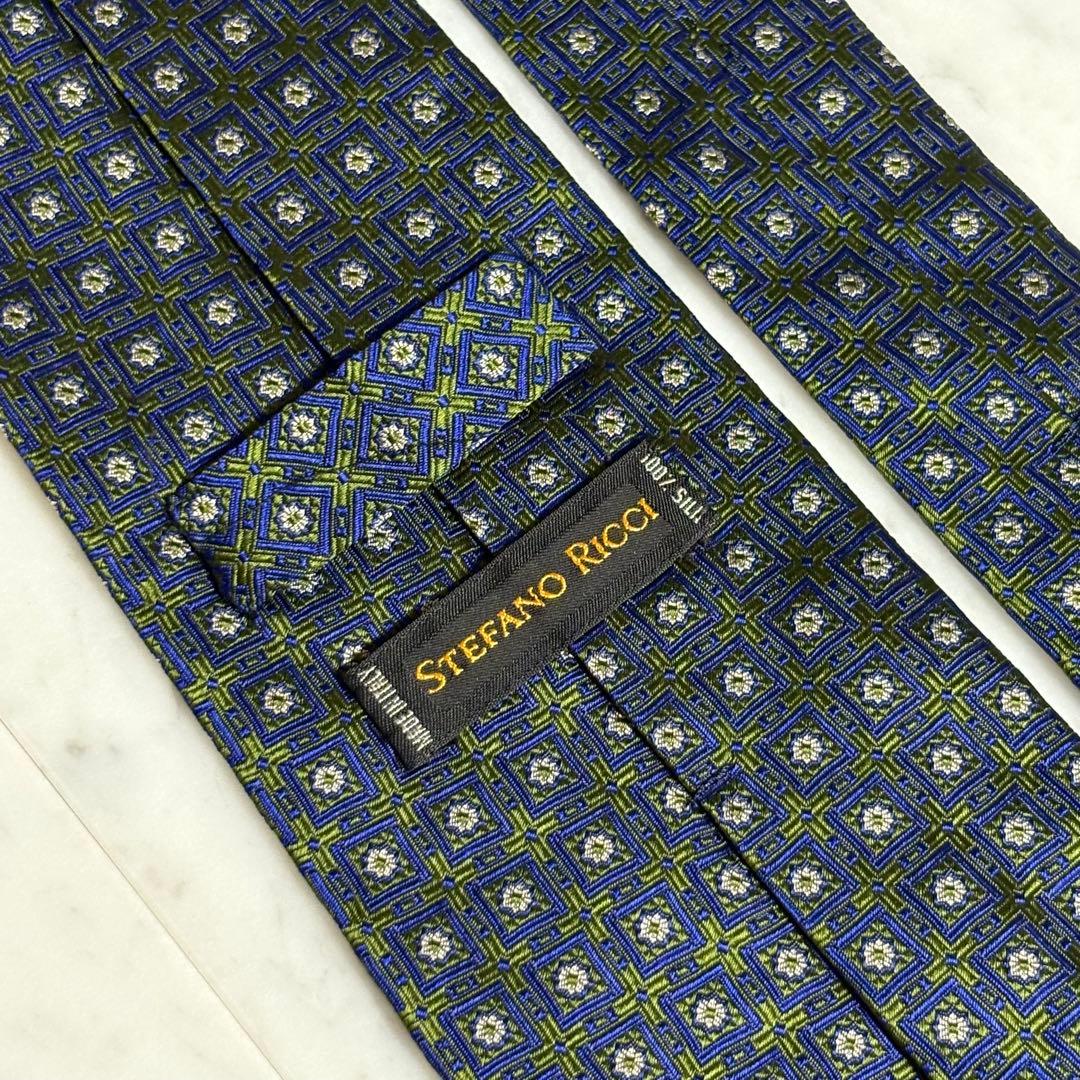 STEFANO RICCI ネクタイ グリーン ネイビー パターン柄 光沢