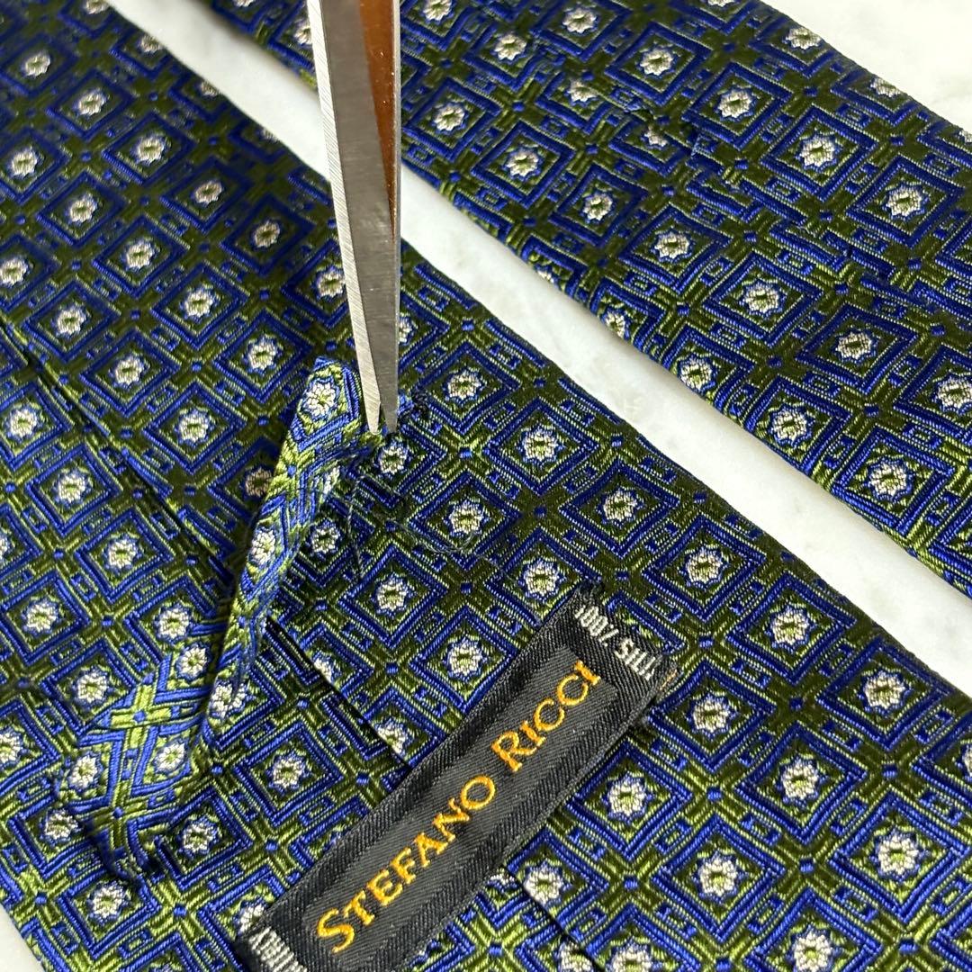 STEFANO RICCI ネクタイ グリーン ネイビー パターン柄 光沢