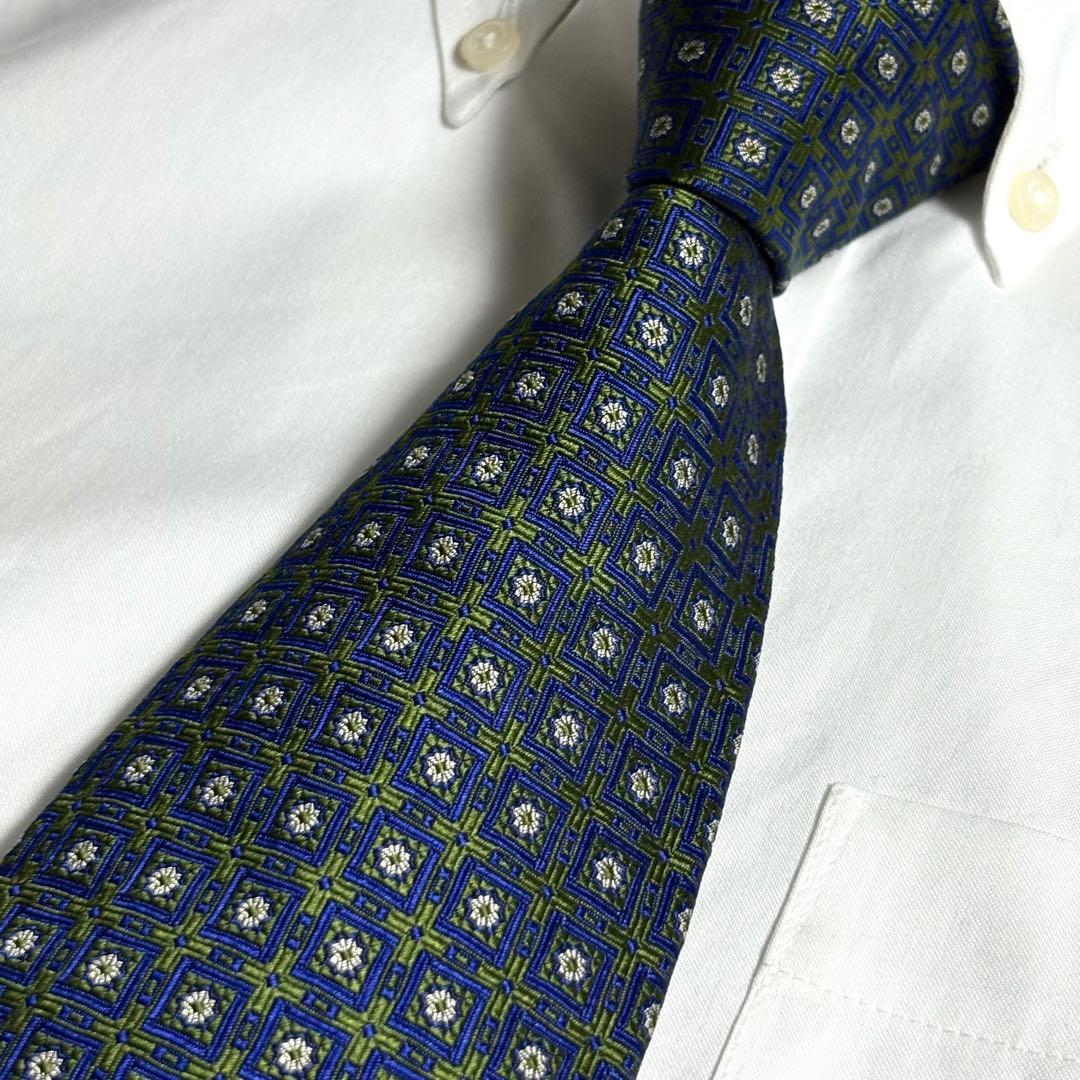 STEFANO RICCI ネクタイ グリーン ネイビー パターン柄 光沢