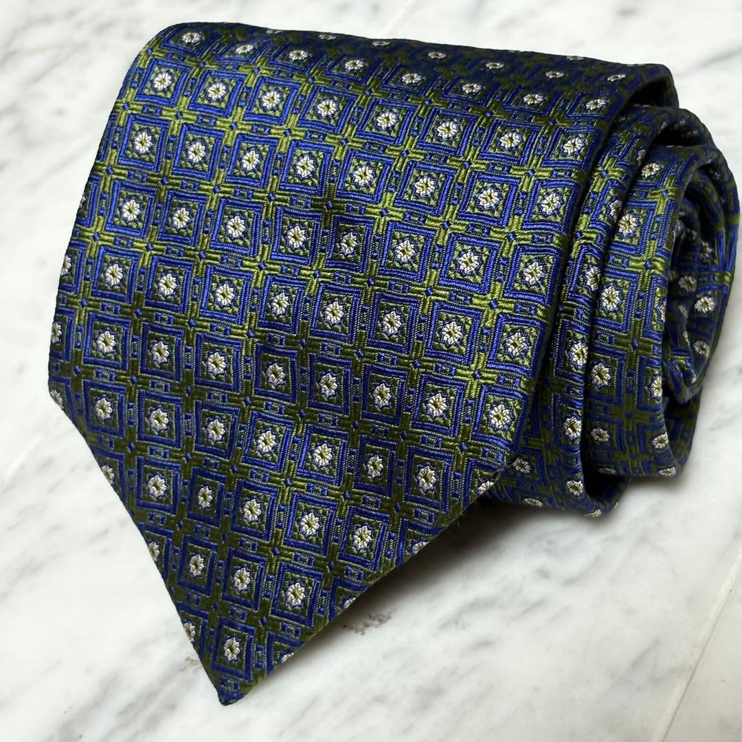 STEFANO RICCI ネクタイ グリーン ネイビー パターン柄 光沢