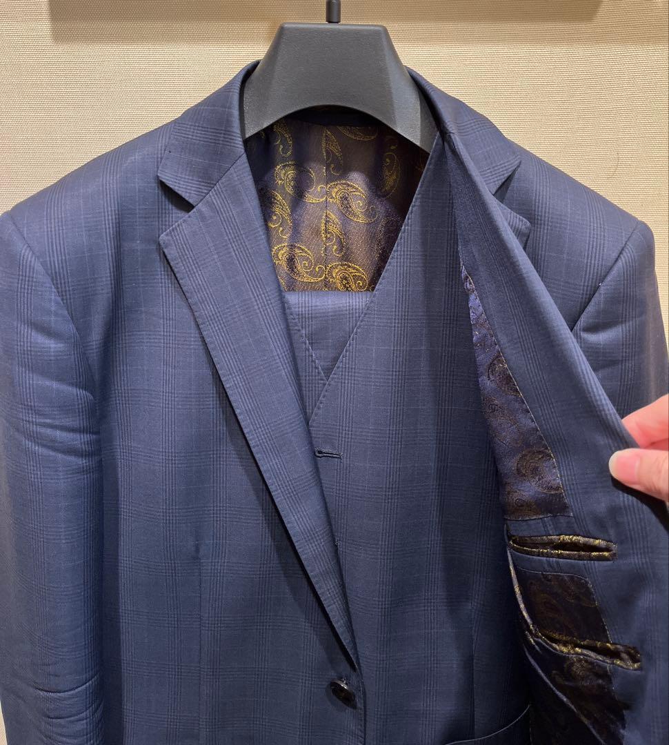 イタリア製エルメネジルドゼニア ネイビー チェック柄 三揃いスーツ