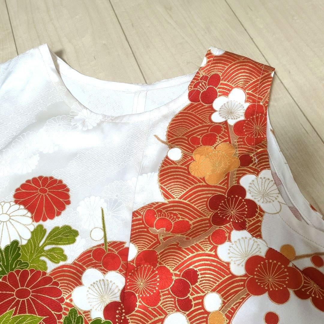 正絹 オフホワイト 牡丹、菊、梅 振袖リメイクドレス