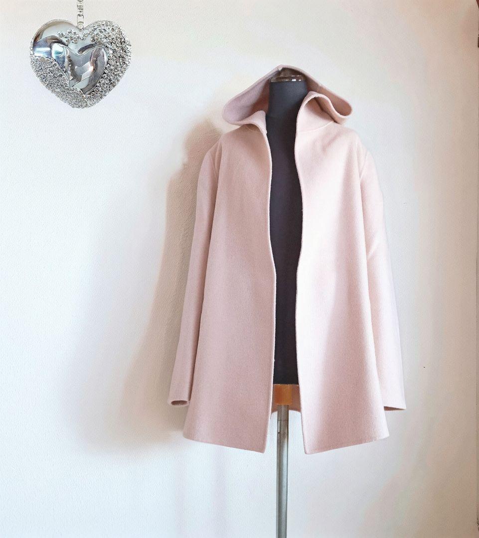 セオリー　ウール＆カシミヤリバーシブル　フーディーリバーコート　優しいピンク
