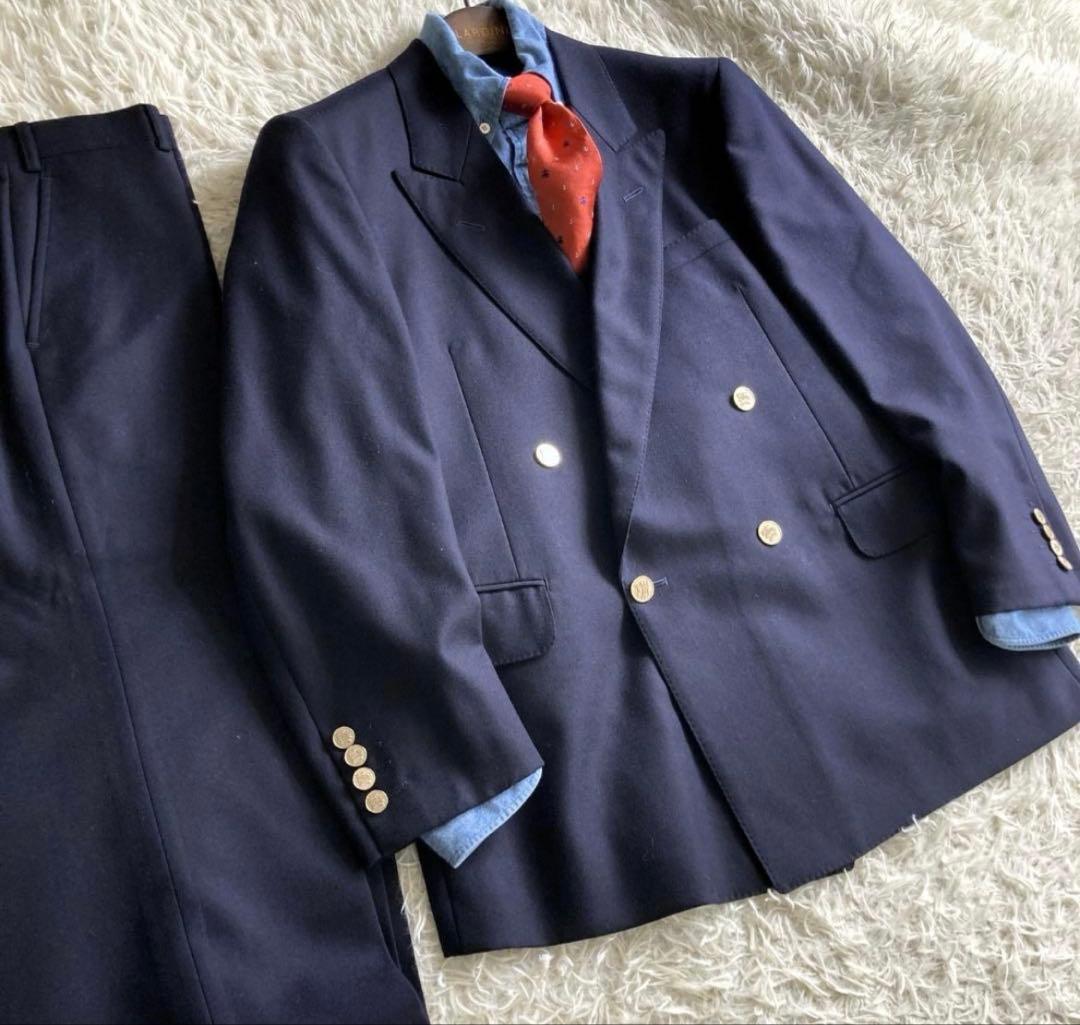 【超名品】ＢＢ５位　バーバリー　金ボタンダブルセットアップスーツ　ネイビー紺ブレ