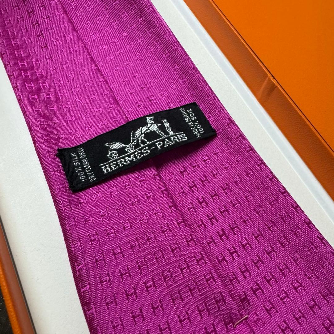 最高級 HERMES エルメス ファソネ H柄 ネクタイ フューシャピンク