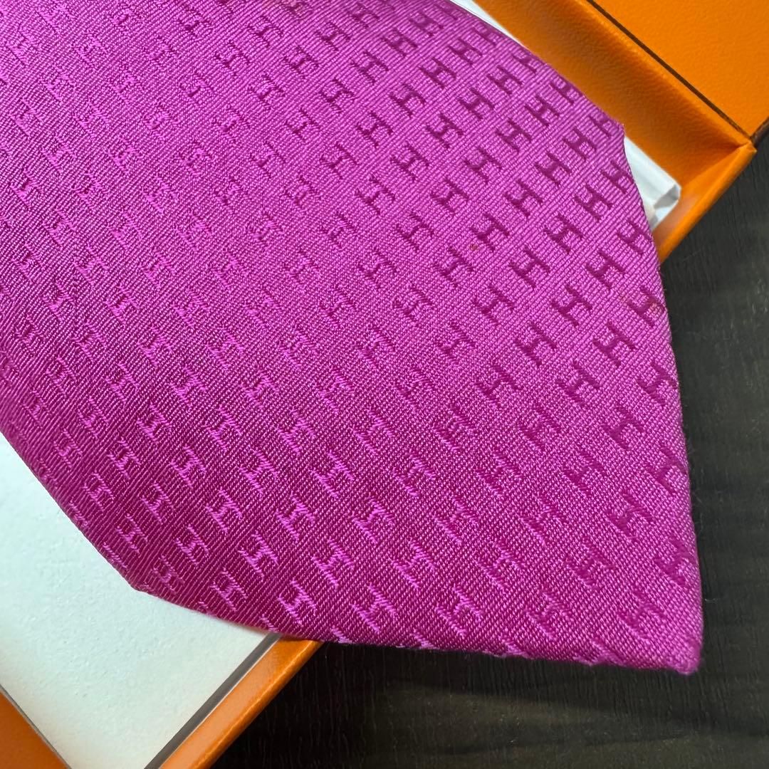 最高級 HERMES エルメス ファソネ H柄 ネクタイ フューシャピンク