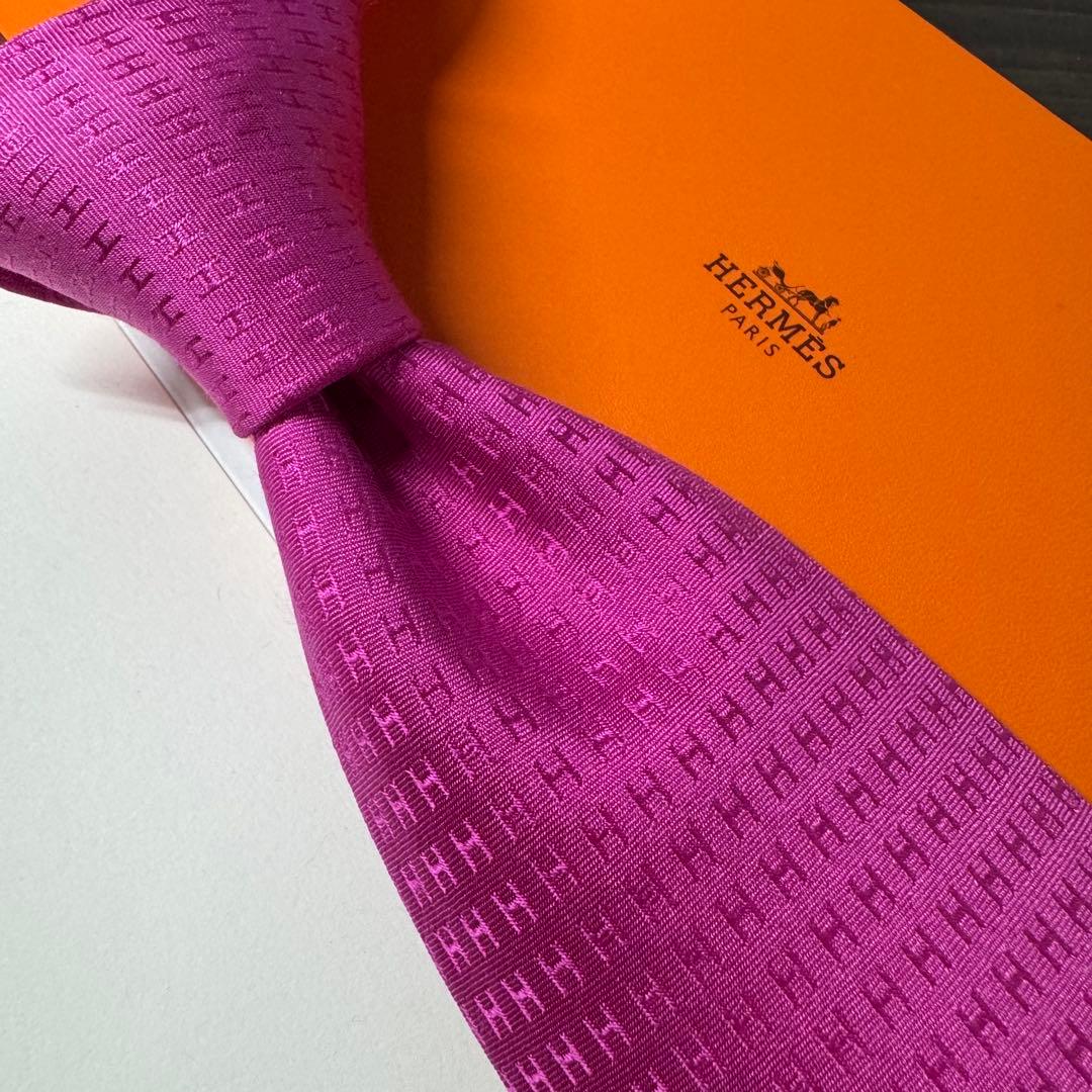 最高級 HERMES エルメス ファソネ H柄 ネクタイ フューシャピンク
