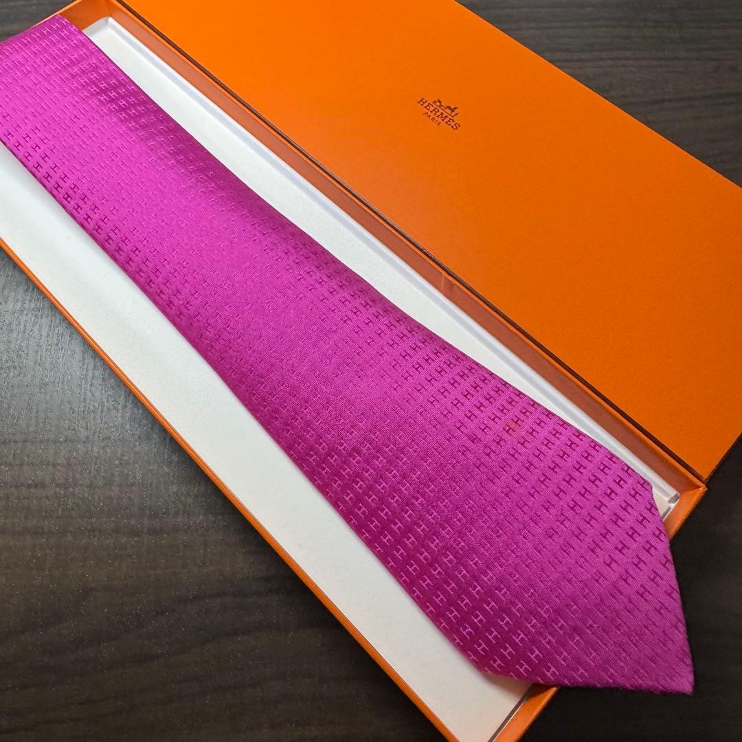 最高級 HERMES エルメス ファソネ H柄 ネクタイ フューシャピンク