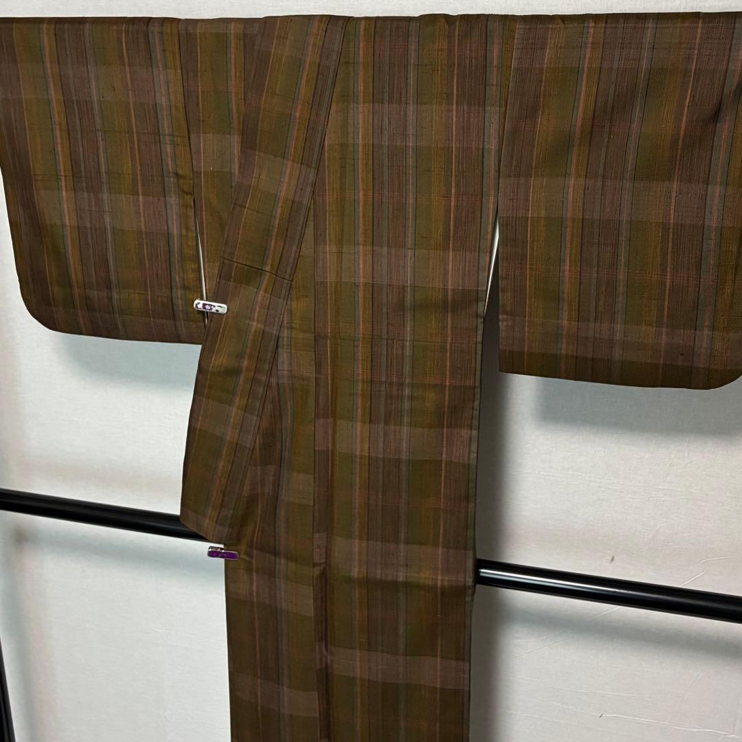 D153 郡上紬　格子柄　チェック　正絹　着物　袷　美品