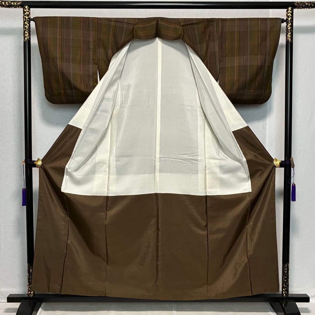 D153 郡上紬　格子柄　チェック　正絹　着物　袷　美品