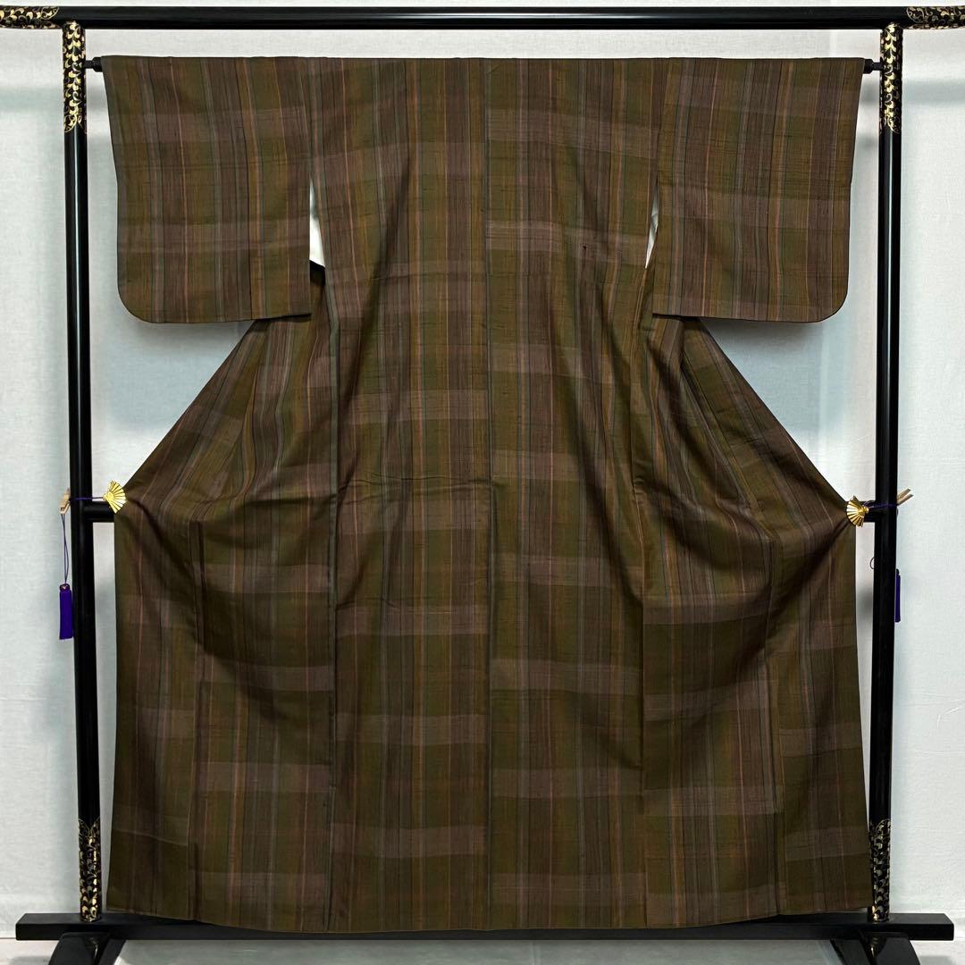 D153 郡上紬　格子柄　チェック　正絹　着物　袷　美品