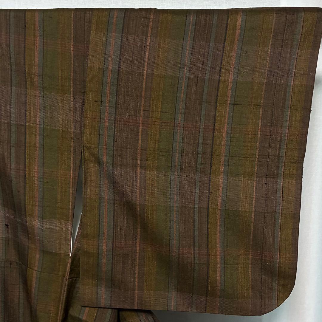 D153 郡上紬　格子柄　チェック　正絹　着物　袷　美品