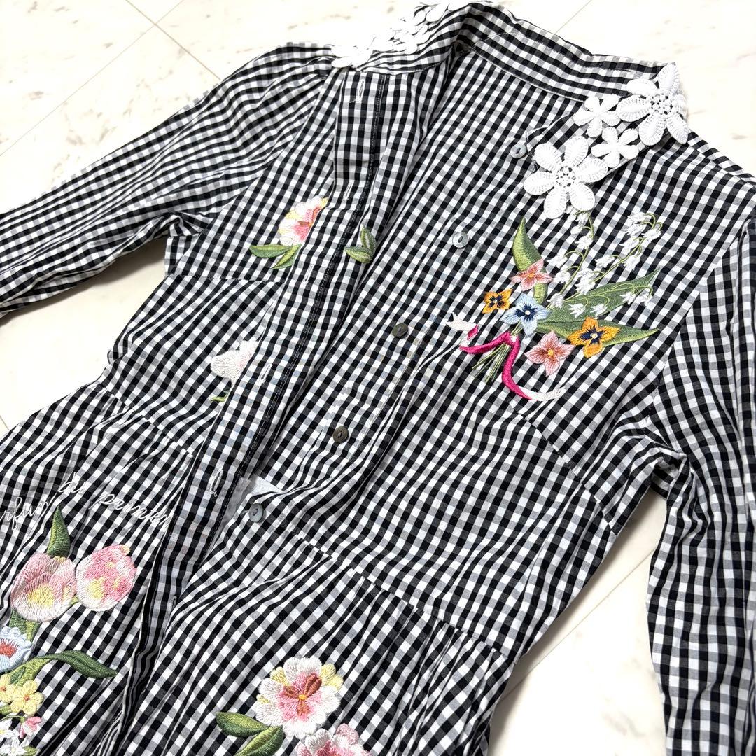 美品 チェスティ ギンガムチェック ティアードシャツワンピース 花刺繍 サイズ0