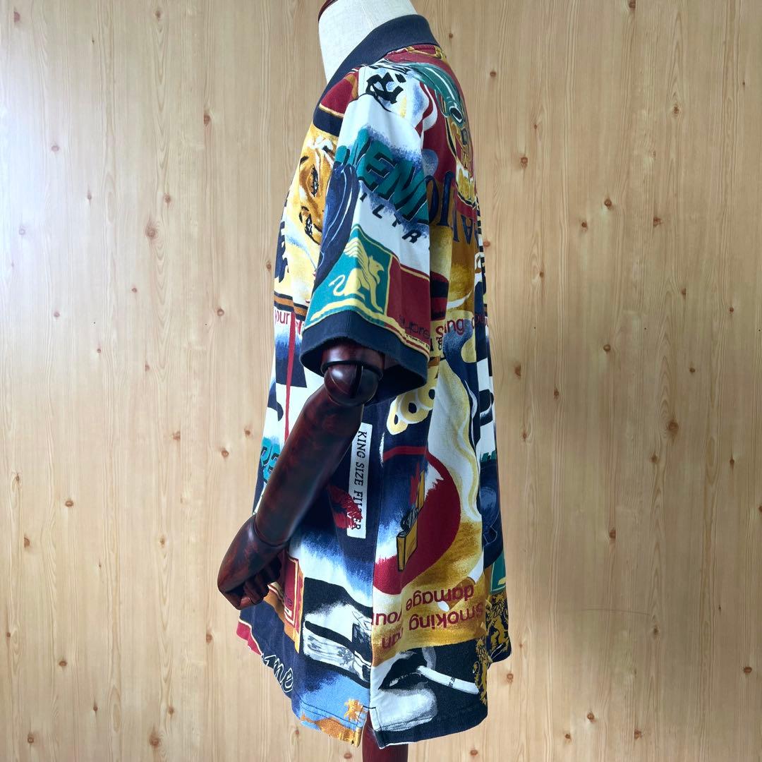 シュプリーム　半袖　ポロシャツ　総柄　ネイビー　ロゴ　L　古着　90s