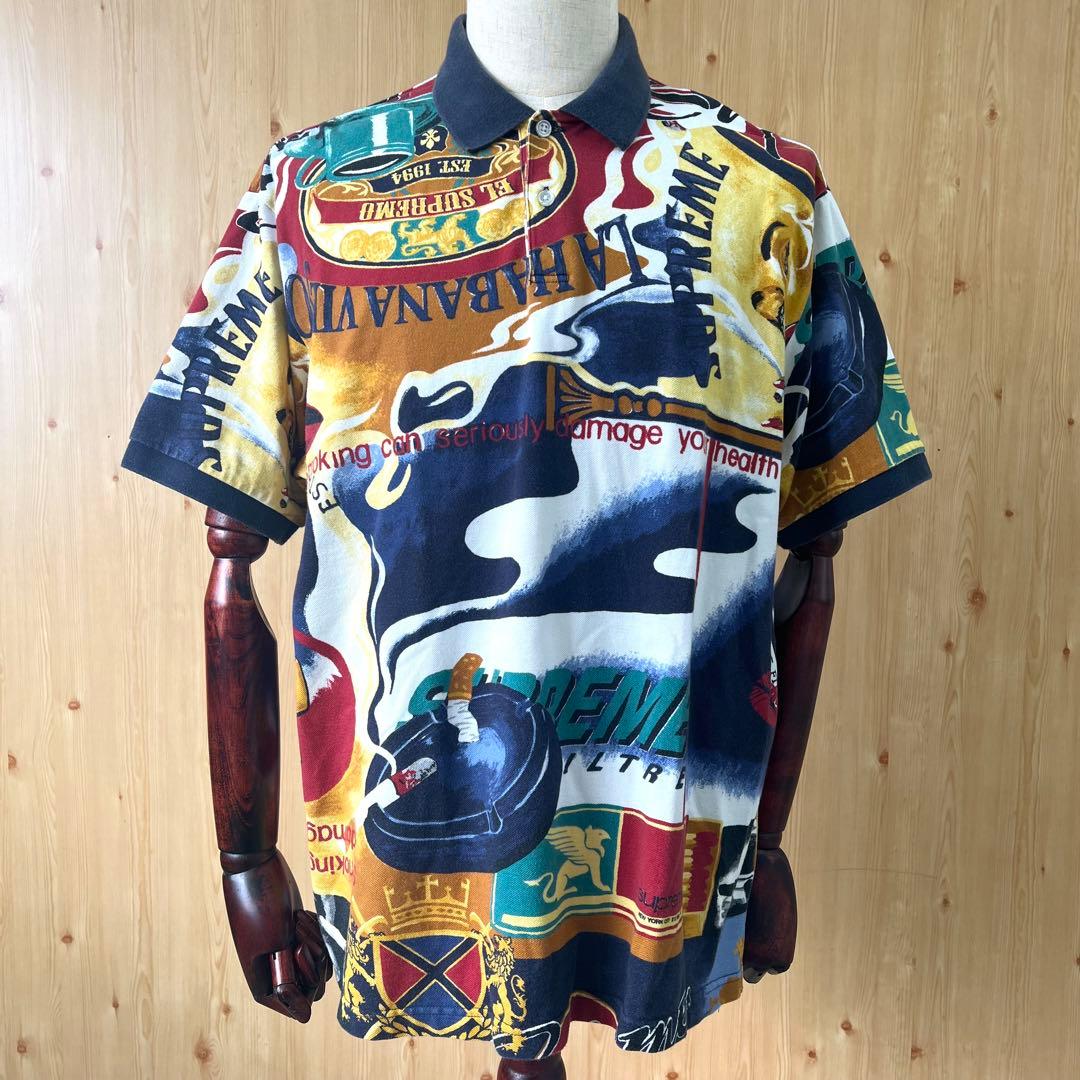 シュプリーム　半袖　ポロシャツ　総柄　ネイビー　ロゴ　L　古着　90s