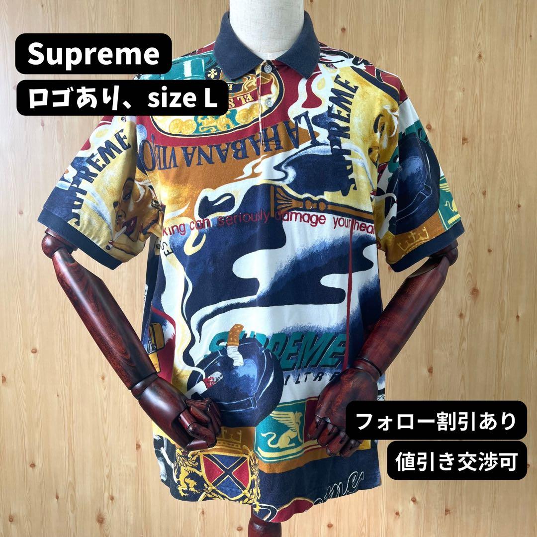 シュプリーム　半袖　ポロシャツ　総柄　ネイビー　ロゴ　L　古着　90s