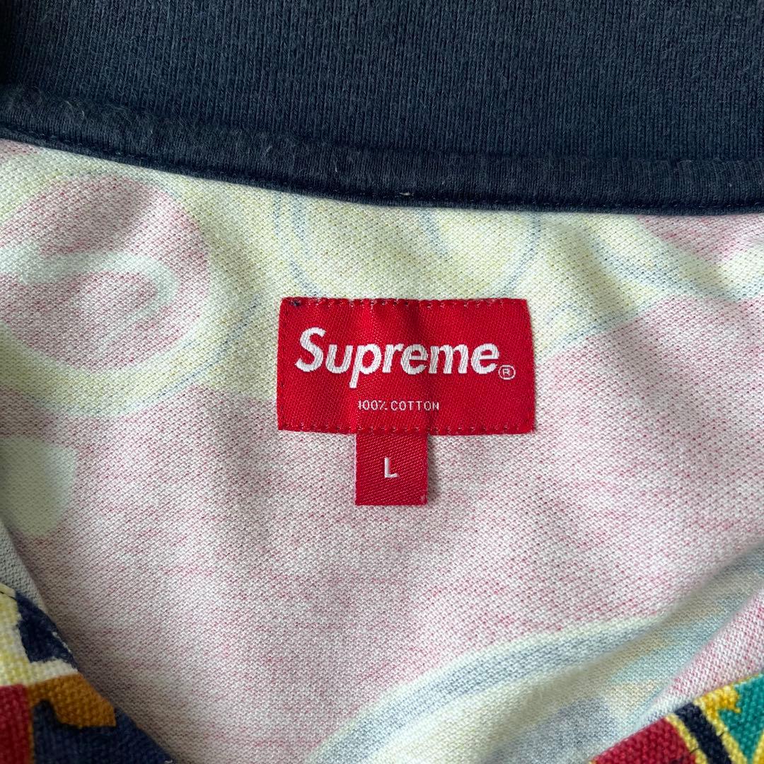 シュプリーム　半袖　ポロシャツ　総柄　ネイビー　ロゴ　L　古着　90s