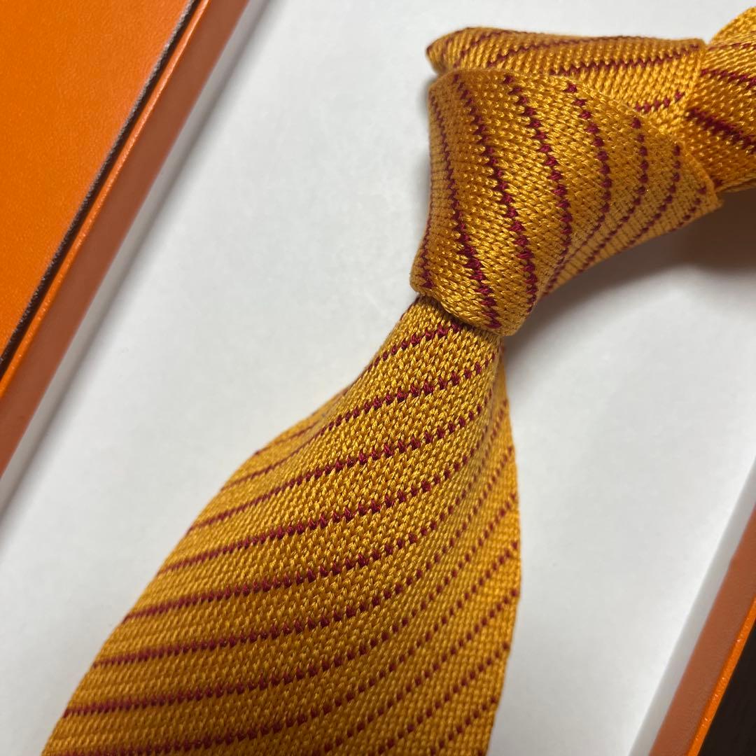 美品　エルメス　ネクタイ　オレンジ　ニットタイ　ストライプ