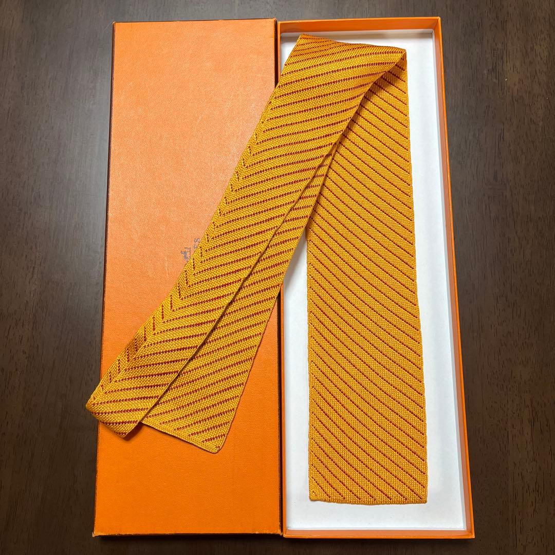 美品　エルメス　ネクタイ　オレンジ　ニットタイ　ストライプ