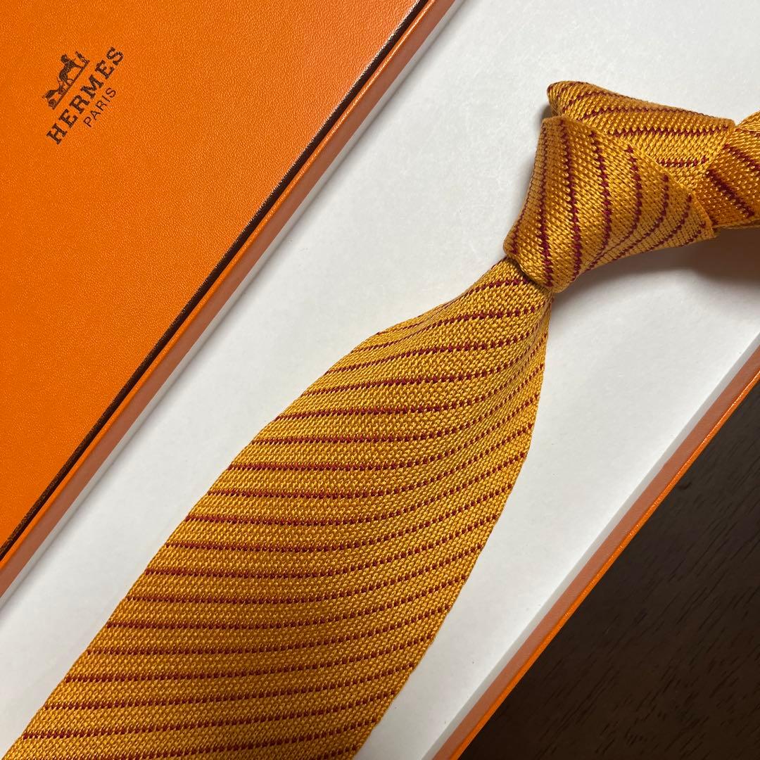 美品　エルメス　ネクタイ　オレンジ　ニットタイ　ストライプ
