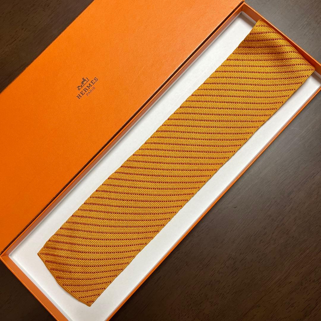 美品　エルメス　ネクタイ　オレンジ　ニットタイ　ストライプ