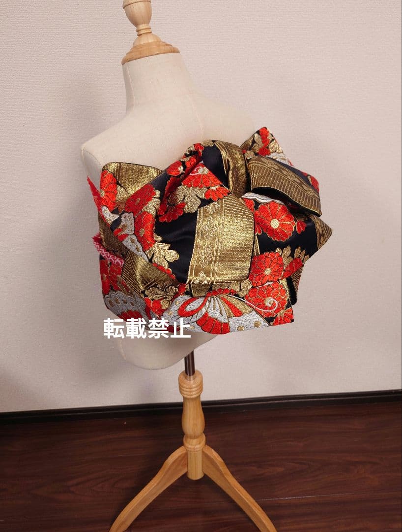 七五三　ジュニア帯　作り帯　蝶柄　黒金赤　一点物