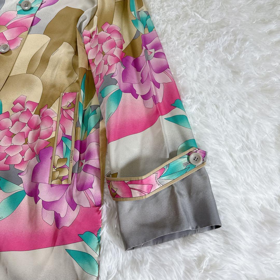 レオナール シルク100% スプリングコート 11R 花柄 絹　フラワープリント