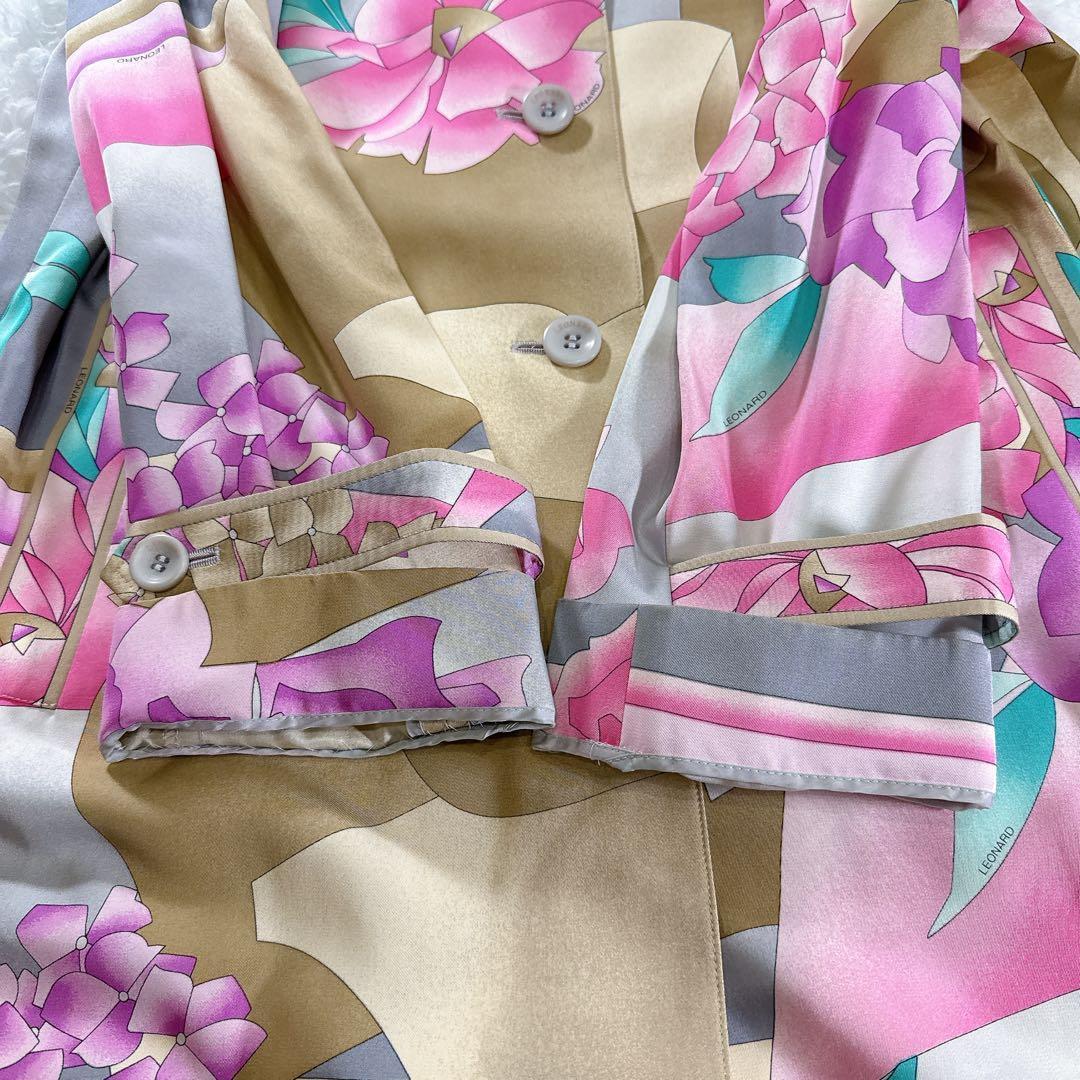 レオナール シルク100% スプリングコート 11R 花柄 絹　フラワープリント