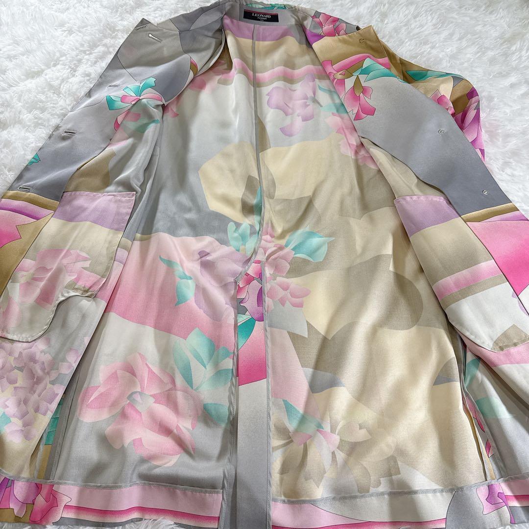 レオナール シルク100% スプリングコート 11R 花柄 絹　フラワープリント