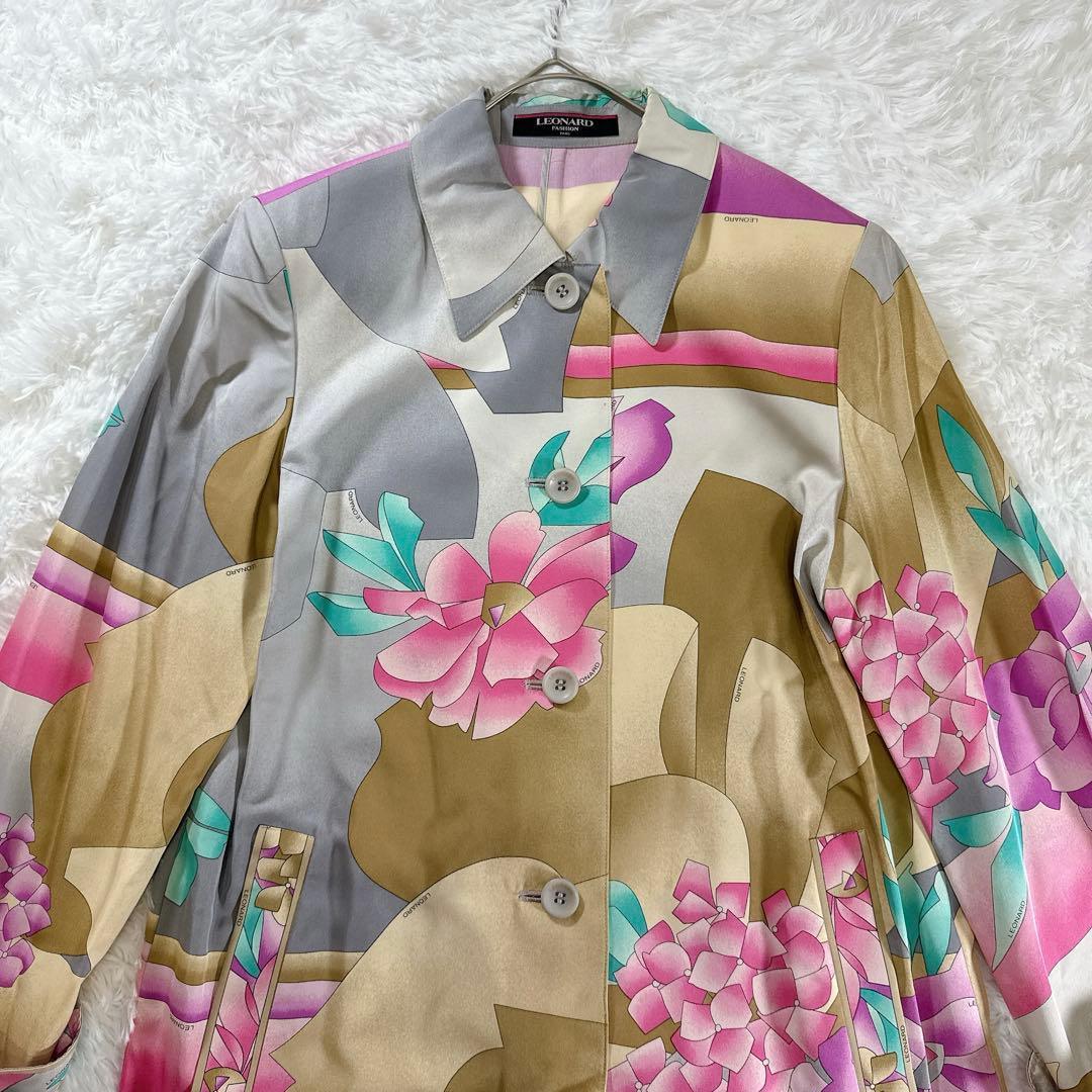 レオナール シルク100% スプリングコート 11R 花柄 絹　フラワープリント