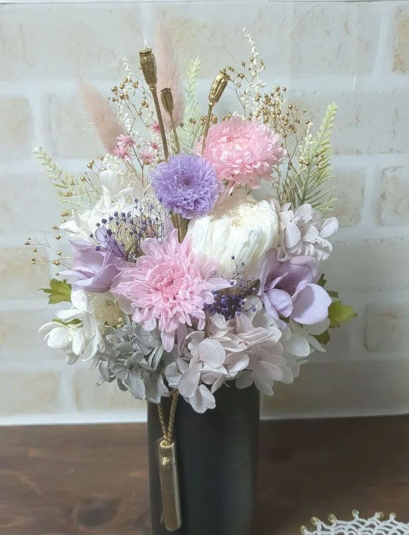 ☆493 お花畑のような優しい仏花　一対　タッセル付　プリザーブドフラワー