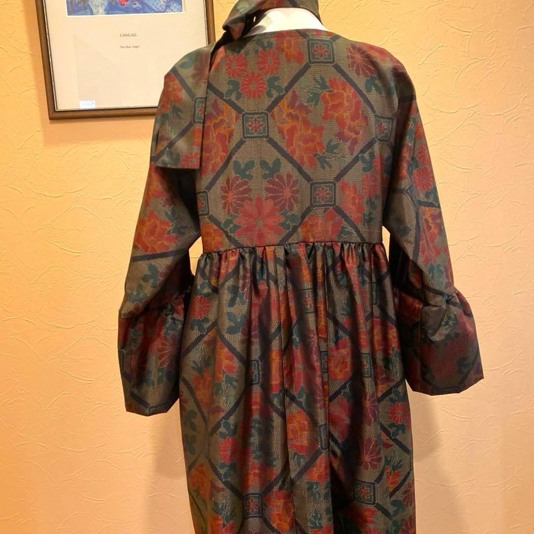 着物リメイク　大島紬ファッション　フリル袖のギャザーワンピース　マキシ丈