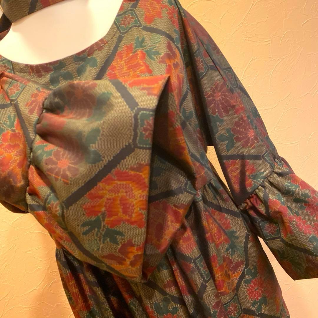 着物リメイク　大島紬ファッション　フリル袖のギャザーワンピース　マキシ丈