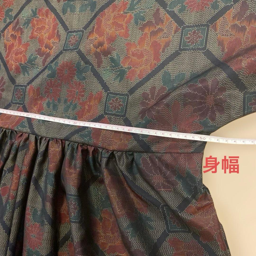 着物リメイク　大島紬ファッション　フリル袖のギャザーワンピース　マキシ丈