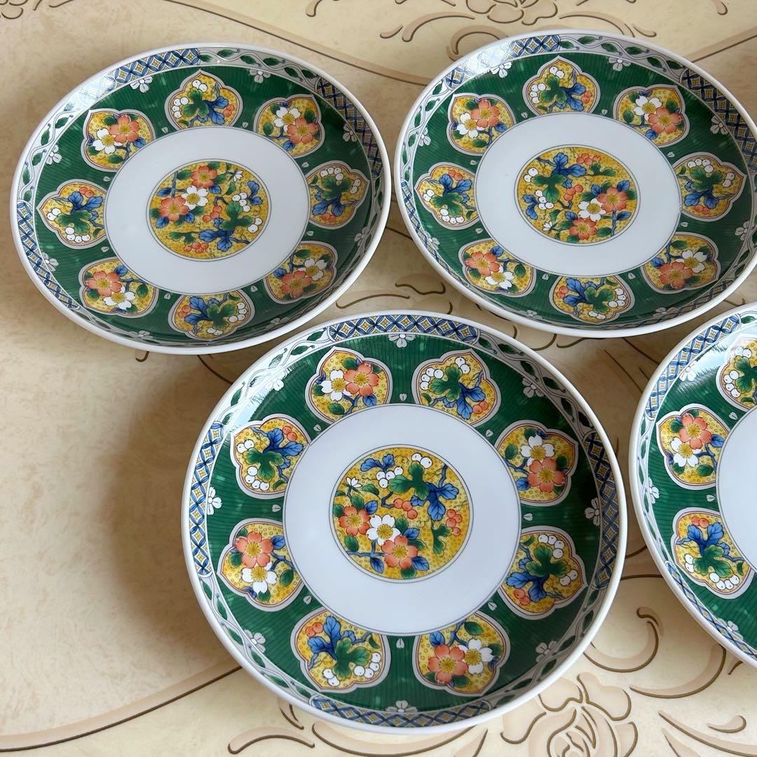 有田焼　南山窯　緑彩花紋　盛皿揃　5枚セット　和皿　中皿　色絵　九谷手　花柄