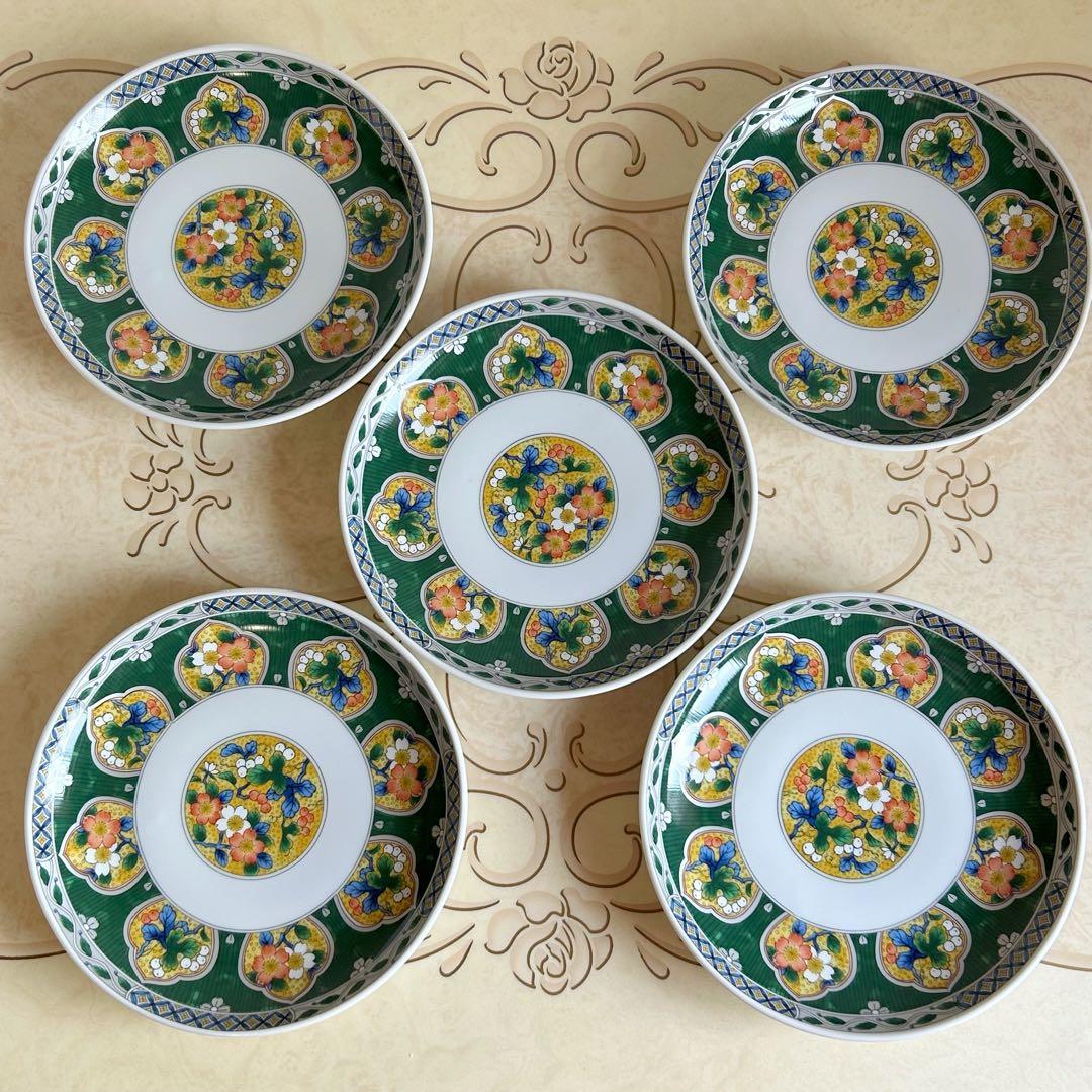有田焼　南山窯　緑彩花紋　盛皿揃　5枚セット　和皿　中皿　色絵　九谷手　花柄