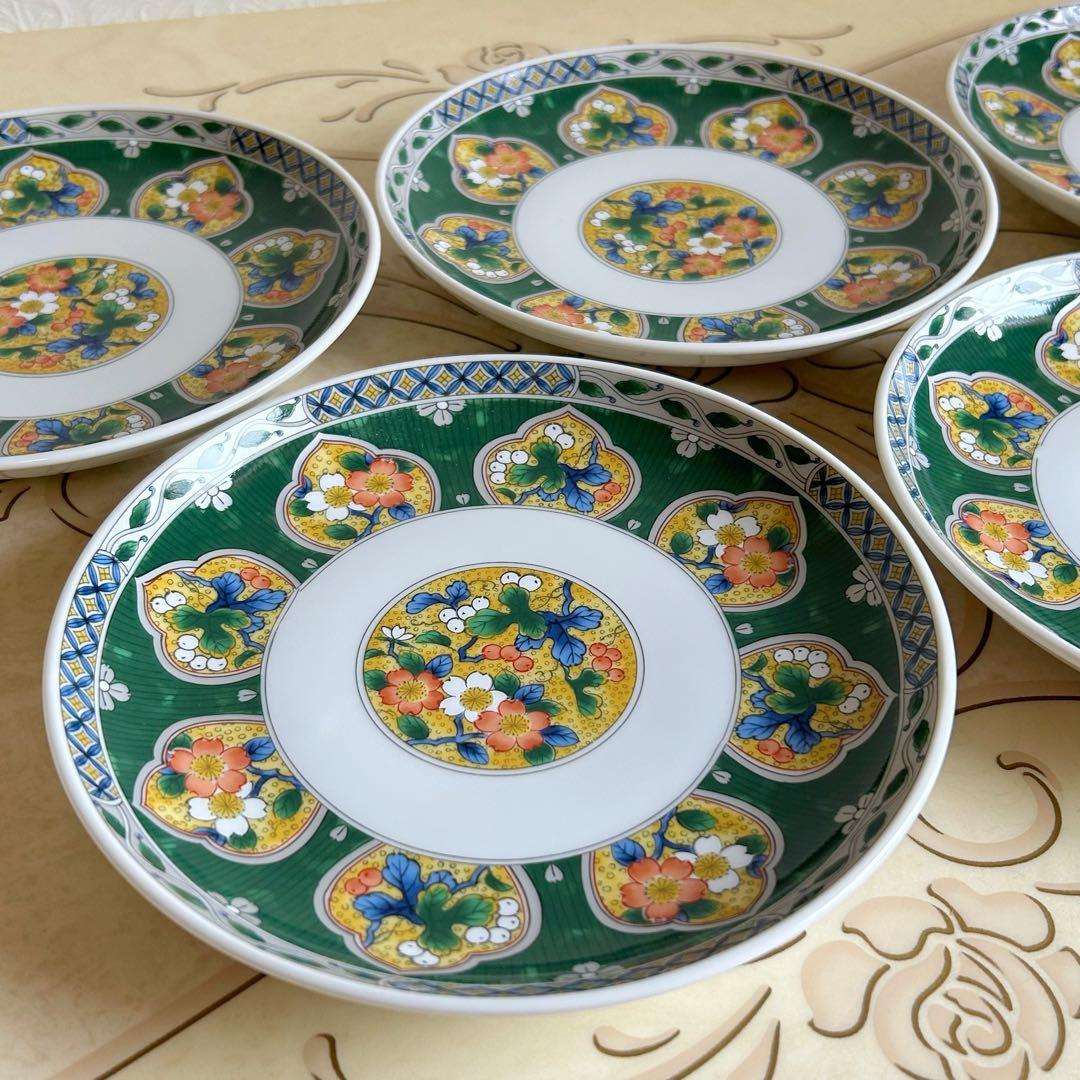 有田焼　南山窯　緑彩花紋　盛皿揃　5枚セット　和皿　中皿　色絵　九谷手　花柄