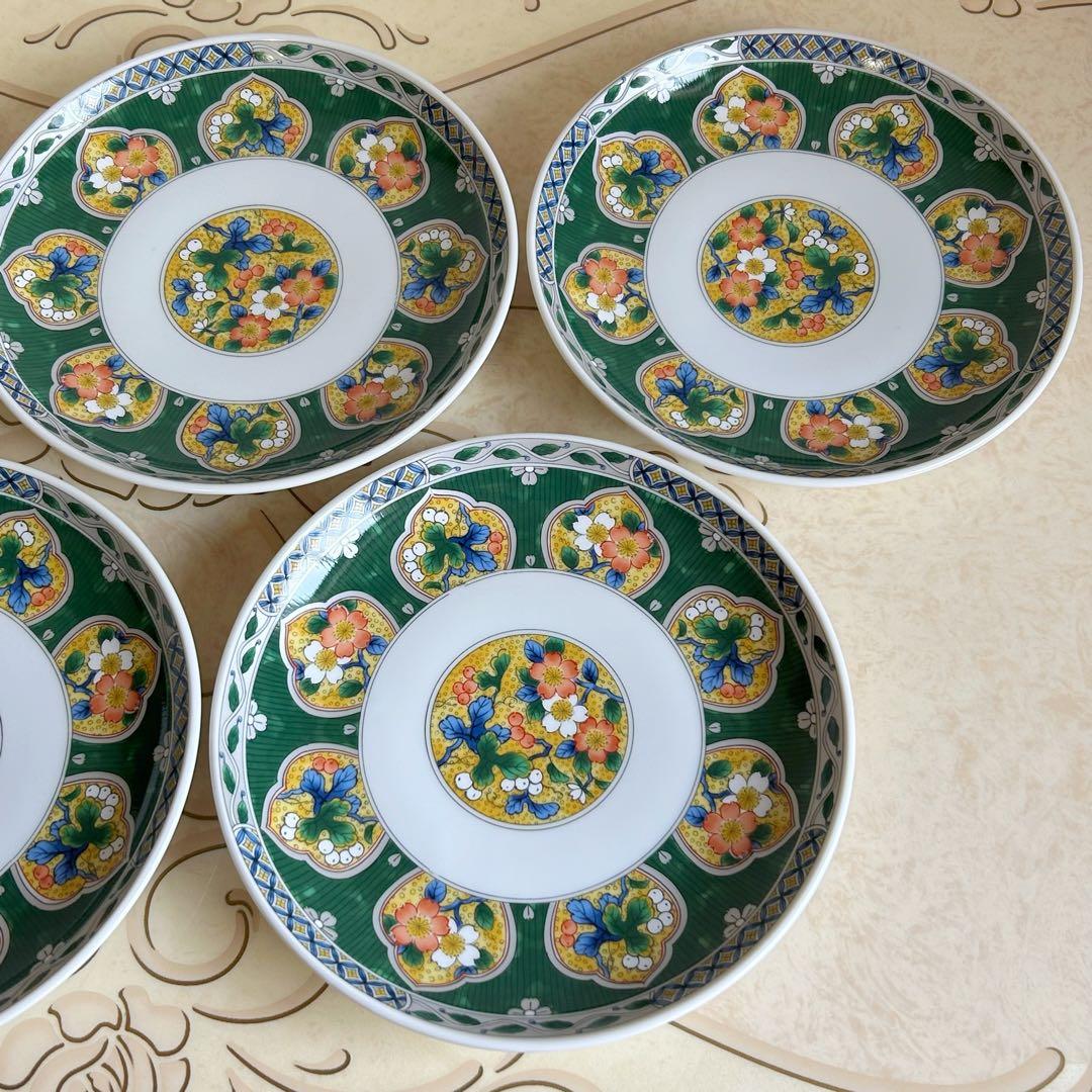 有田焼　南山窯　緑彩花紋　盛皿揃　5枚セット　和皿　中皿　色絵　九谷手　花柄