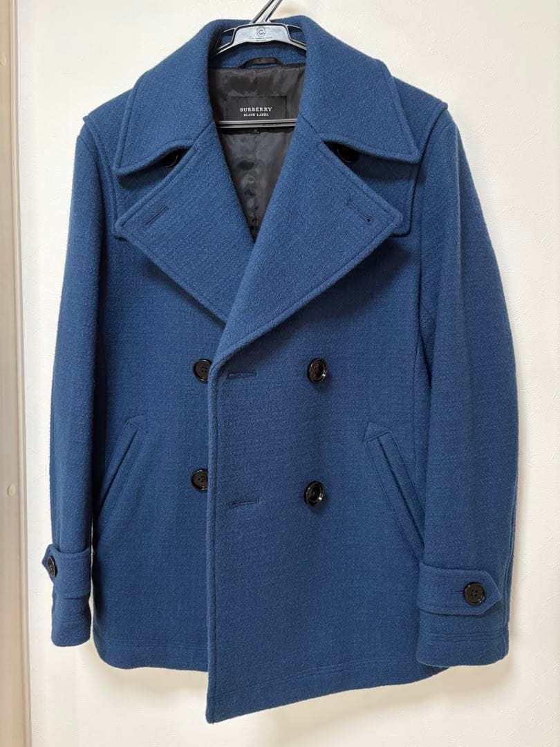 バーバリーブラックレーベル Pコート チェック ウール ブルー M