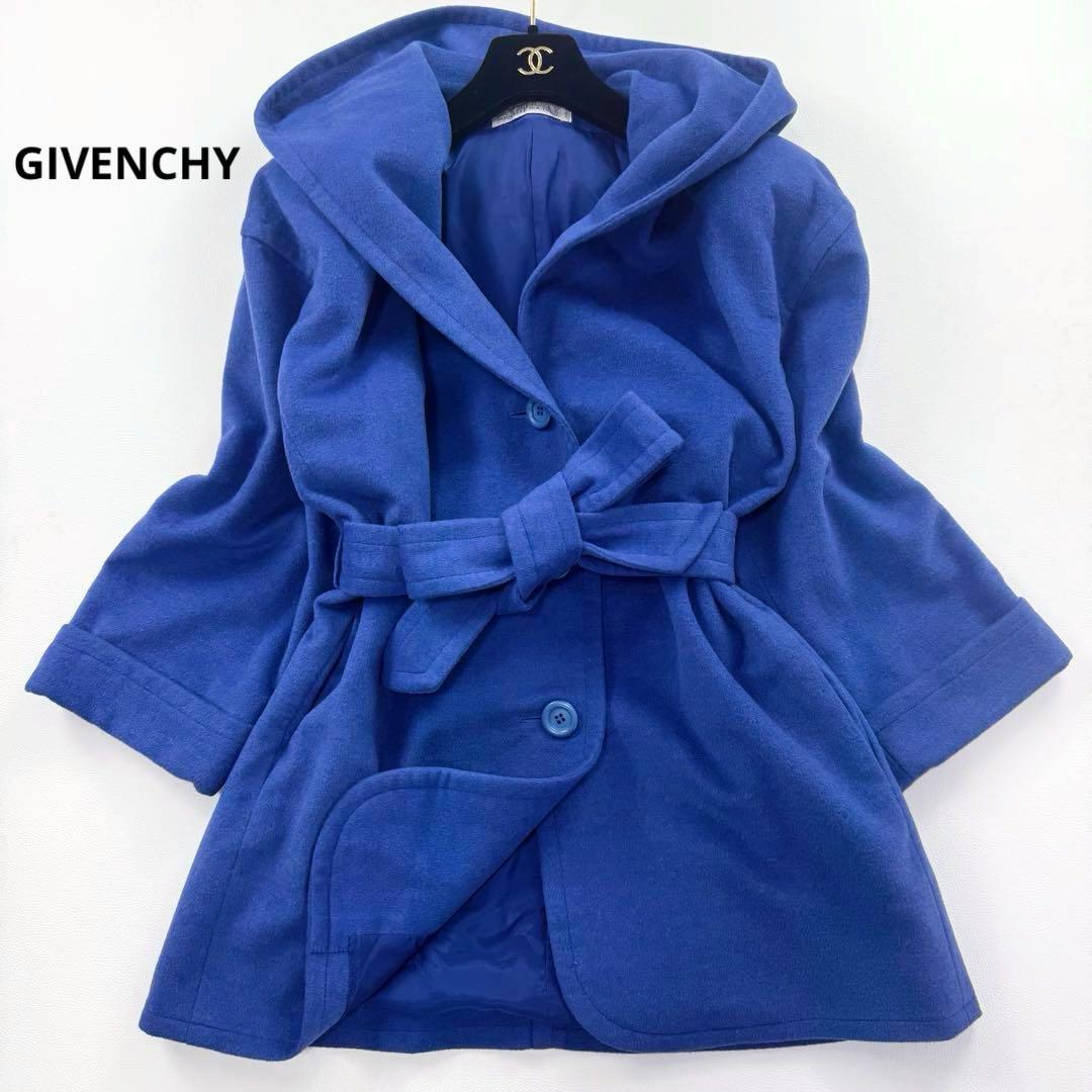 ジバンシー カシゴラ フード ベルテッドコート ウール カシミヤ アンゴラ 青