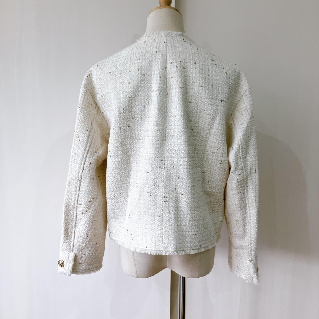【極美品】　23区　イタリア製布地フリンジラメツイードノーカラージャケット