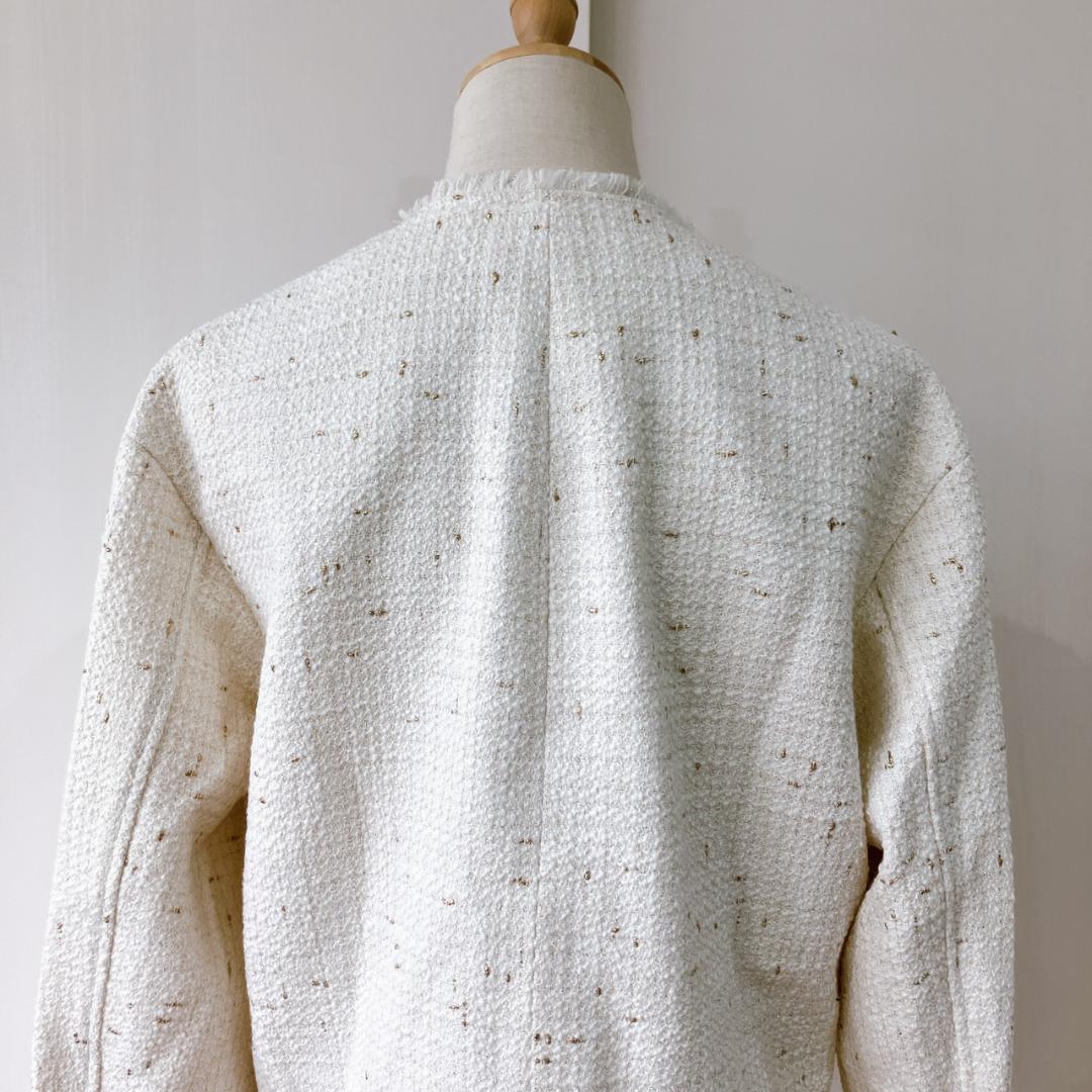 【極美品】　23区　イタリア製布地フリンジラメツイードノーカラージャケット