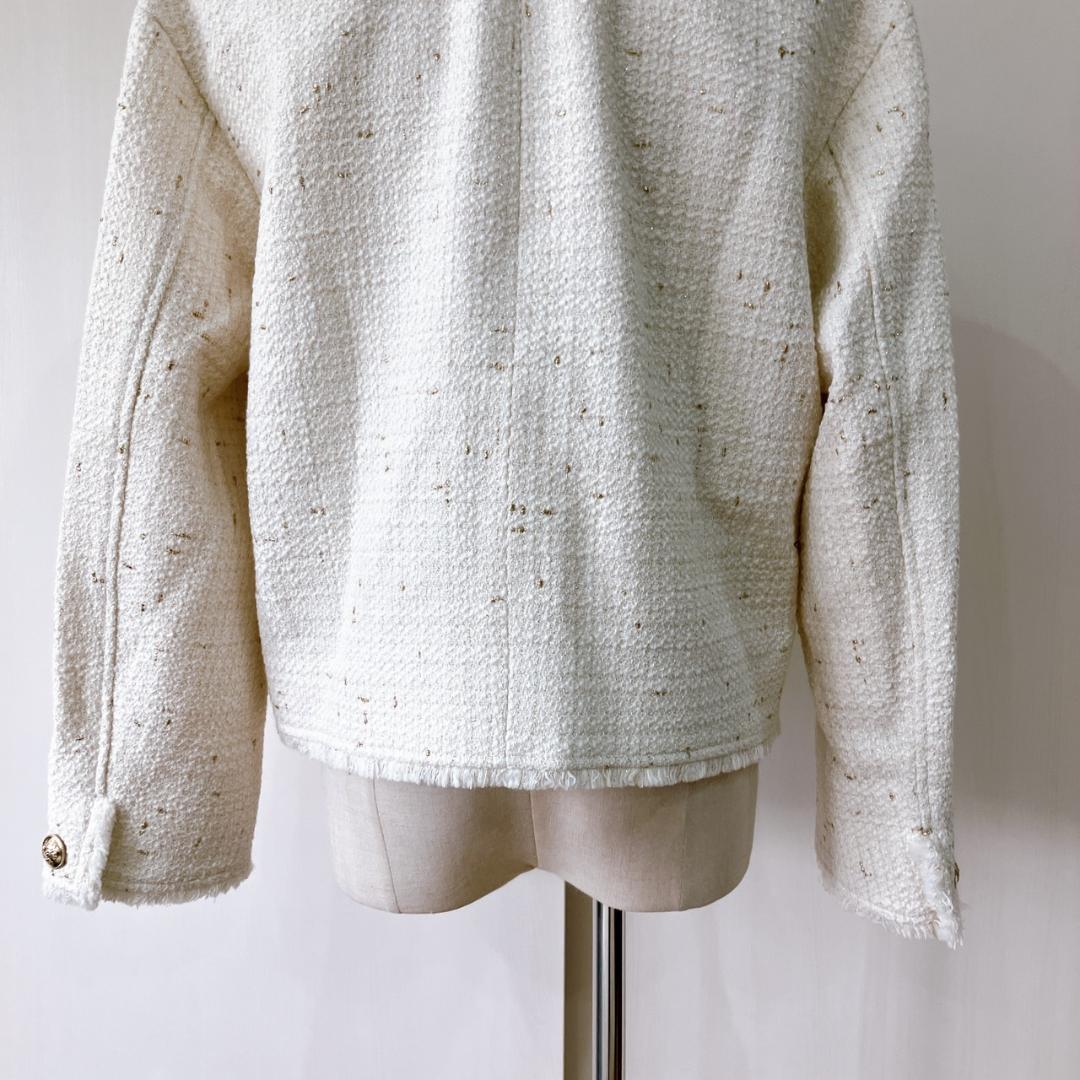 【極美品】　23区　イタリア製布地フリンジラメツイードノーカラージャケット