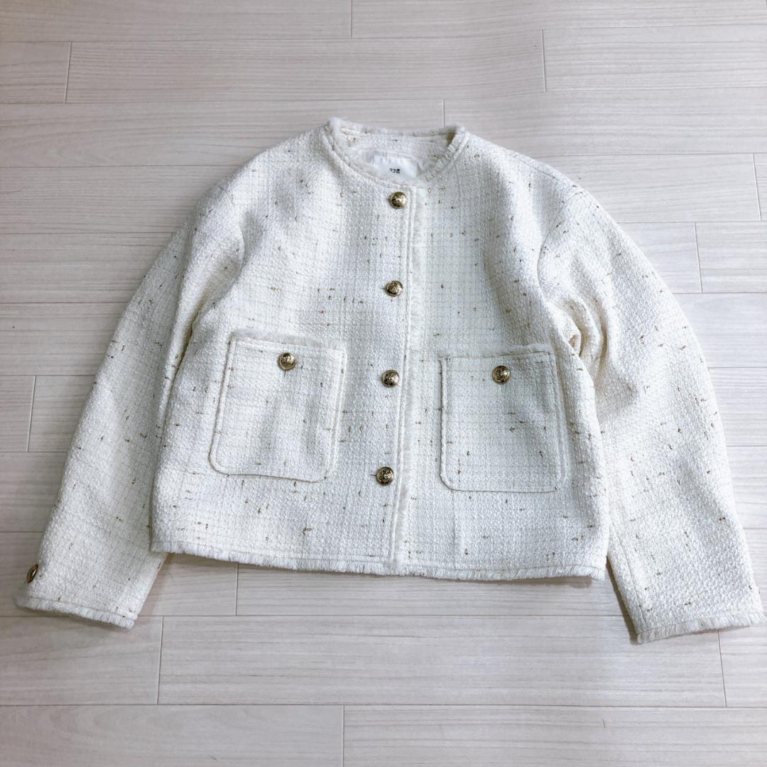 【極美品】　23区　イタリア製布地フリンジラメツイードノーカラージャケット