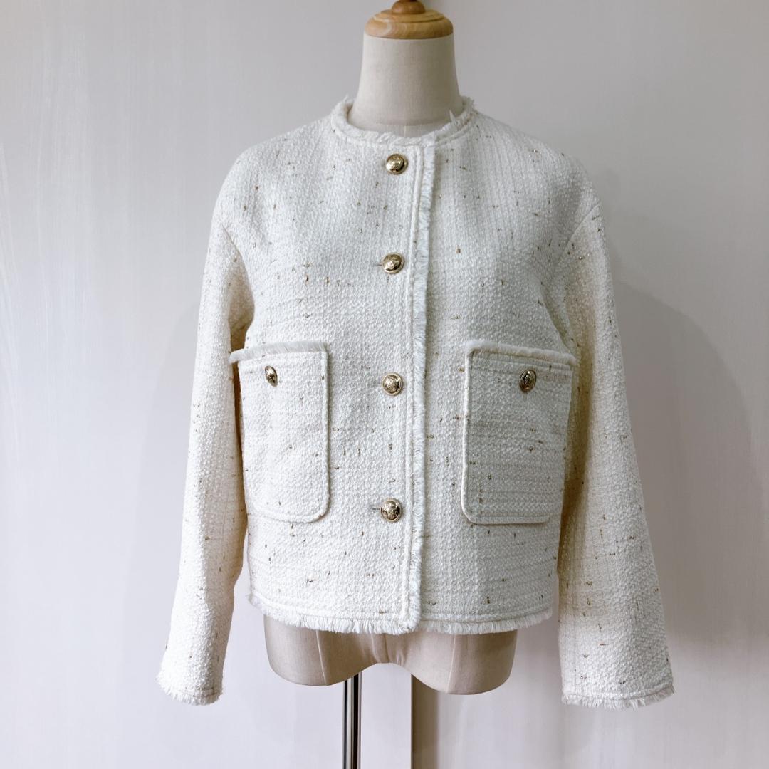 【極美品】　23区　イタリア製布地フリンジラメツイードノーカラージャケット