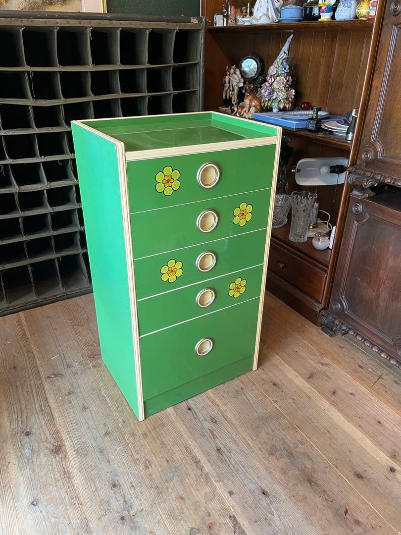小雪＊チェスト レトロポップ 昭和レトロ 花柄 緑 グリーンインテリア