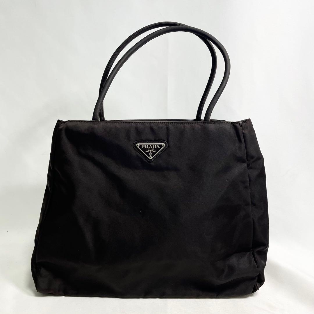 プラダ トートバッグ ハンドバッグ ナイロン 三角ロゴ 金具 肩掛け 大容量 茶