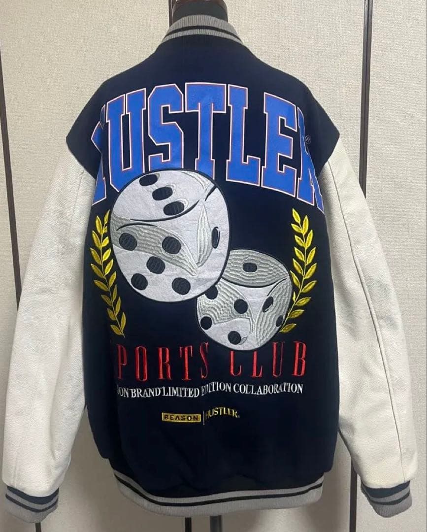 HUSTLER REASONコラボ　刺繍　スタジャン　ネイビー/ホワイト　L