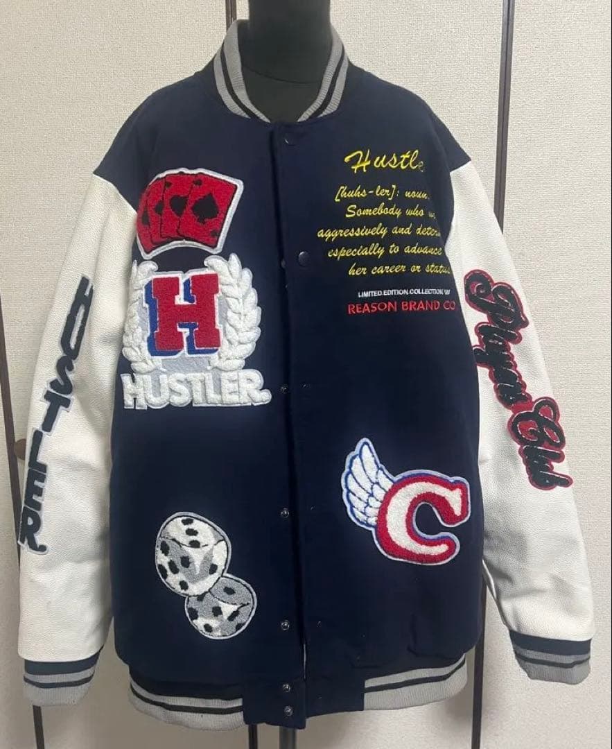 HUSTLER REASONコラボ　刺繍　スタジャン　ネイビー/ホワイト　L