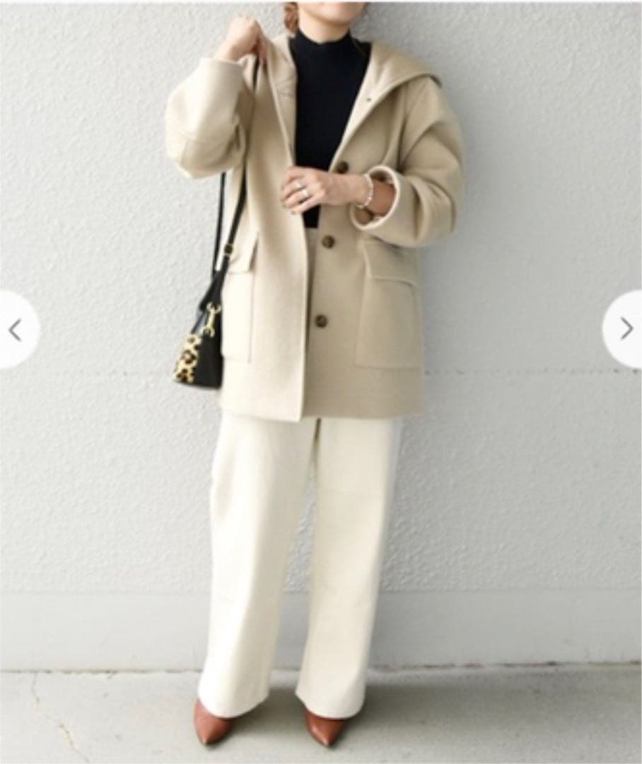 SHIPS any フードミディウールコート　ベージュ